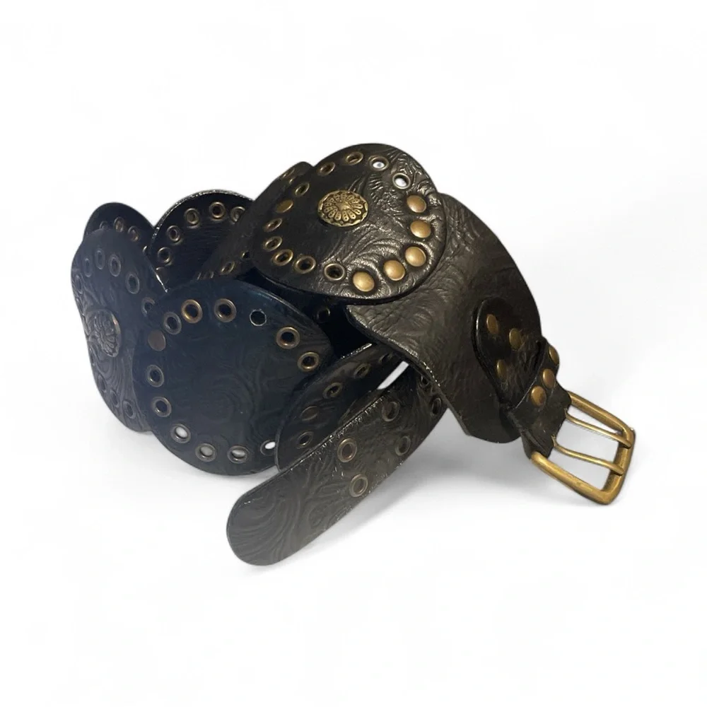 Women’s Black brown and Gold Embossed Leather Belt - Picture 1 of 7